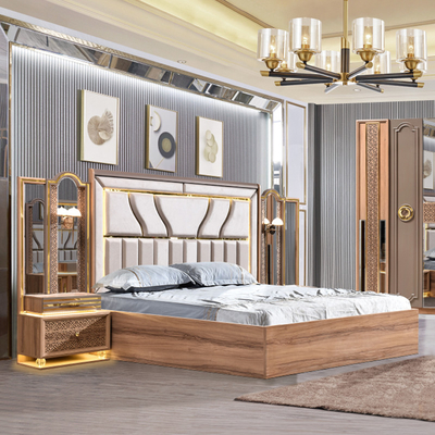 Турецкий роскошный стиль Деревянный рамок Королевского размера Кровать Led Headboard Modern Classic Full Home Деревянные спальные комплекты Мебель