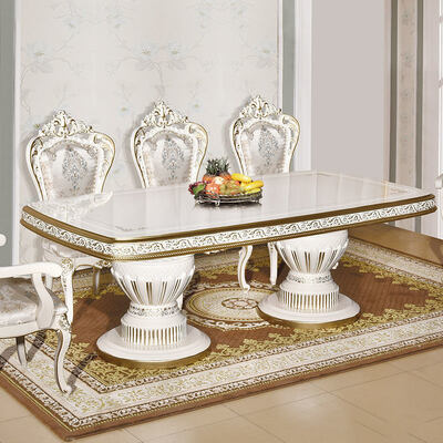 Белый антикварный классический деревянный обеденный стол с 6 стульями, европейский королевский большой деревянный роскошный домашний обеденный гарнитур, мебель