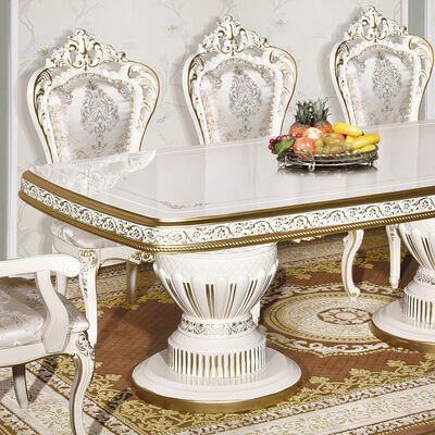 Белый антикварный классический деревянный обеденный стол с 6 стульями, европейский королевский большой деревянный роскошный домашний обеденный гарнитур, мебель