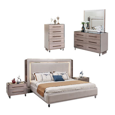 Кровать с изголовьем King Size со светодиодной подсветкой, роскошная кожаная кровать, спальные гарнитуры, деревянный каркас, современный домашний номер, двойная полная спальня, мебельный гарнитур