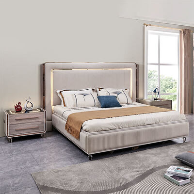 Кровать с изголовьем King Size со светодиодной подсветкой, роскошная кожаная кровать, спальные гарнитуры, деревянный каркас, современный домашний номер, двойная полная спальня, мебельный гарнитур