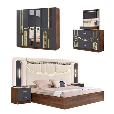 2026 Turkey Style Luxury Bedroom Set King Size Bed Suite Master Room Деревянный каркас Дешевый оптовый современный спальный мебельный набор